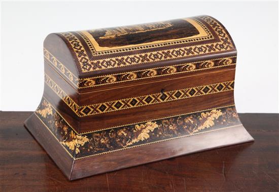 A Victorian rosewood and Tunbridge ware dome top stationery box, 10in.